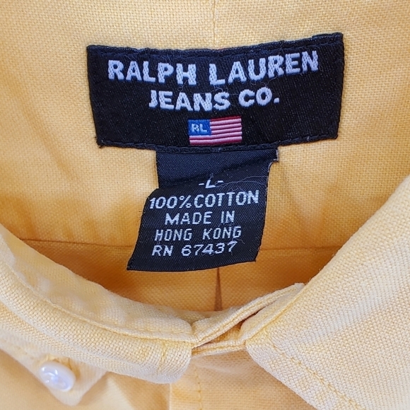 Vtg Y2K Ralph Lauren Jeans RL67 Logo Shirt Yellow Button Men L Gauzy Cotton Pkt - Picture 8 of 10